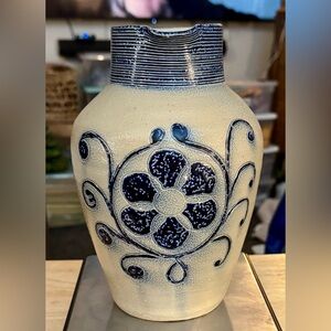 Williamsburg Maloney salt glaze Pottery Pitcher with Blue Floral Relief